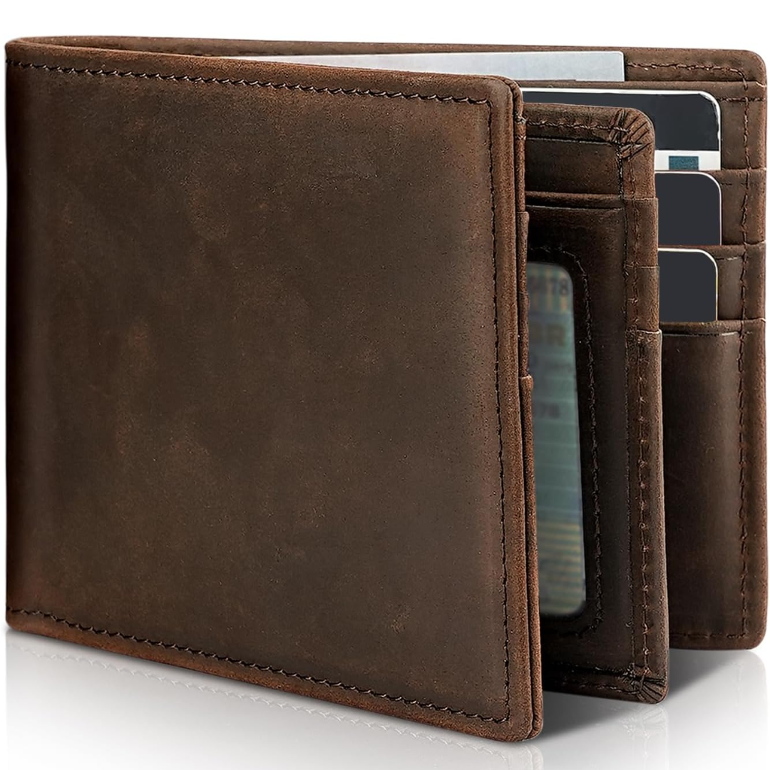 Men's slim RFID-protected wallet in genuine leather – bifold design with 13 card slots and an ID window for cards, cash, and everyday use