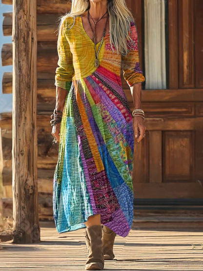 Dame Farverig Boho Maxi Kjole Med Afslappet V Hals