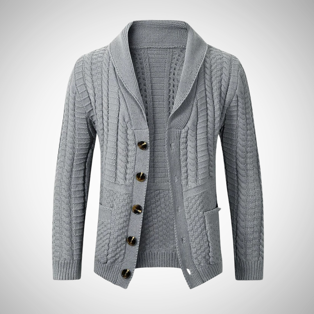Męski kardigan o warkoczowym splocie z kołnierzem szalowym i guzikami – klasyczny sweter z długimi rękawami do stylizacji smart casual, na jesień, zimę i do noszenia warstwowego na co dzień