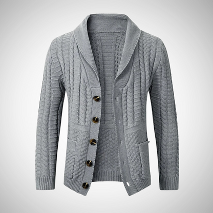 Męski kardigan o warkoczowym splocie z kołnierzem szalowym i guzikami – klasyczny sweter z długimi rękawami do stylizacji smart casual, na jesień, zimę i do noszenia warstwowego na co dzień