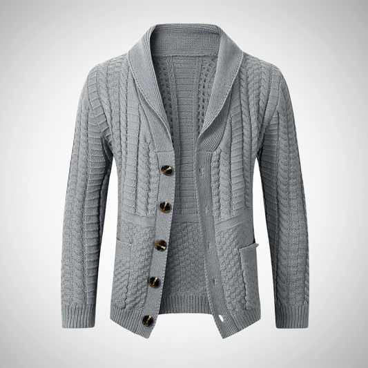 Męski kardigan o warkoczowym splocie z kołnierzem szalowym i guzikami – klasyczny sweter z długimi rękawami do stylizacji smart casual, na jesień, zimę i do noszenia warstwowego na co dzień