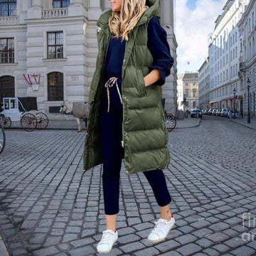 Chaleco acolchado largo para mujer con capucha y sin mangas - Prenda de abrigo de invierno cálida para días fríos, uso diario y ocio