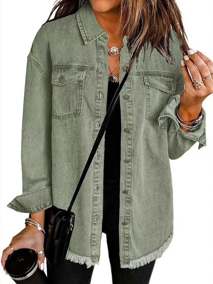 Women's oversized denim jacket with button closure and chest pockets - long style with raw hem for casual everyday wear and modern streetwear