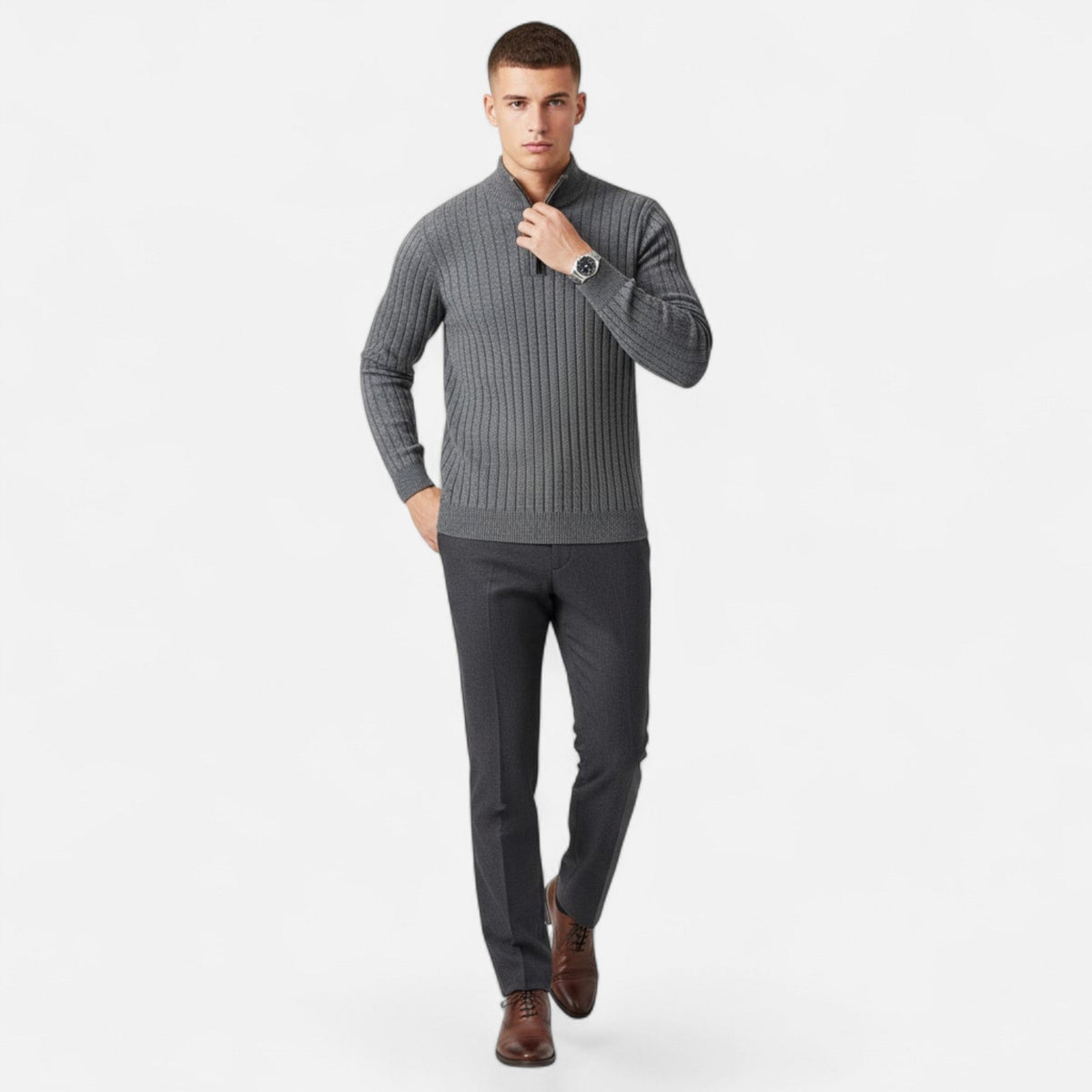 Suéter de punto para hombre con media cremallera y rayas verticales - Pulóver clásico para otoño, invierno, el día a día y un estilo smart casual