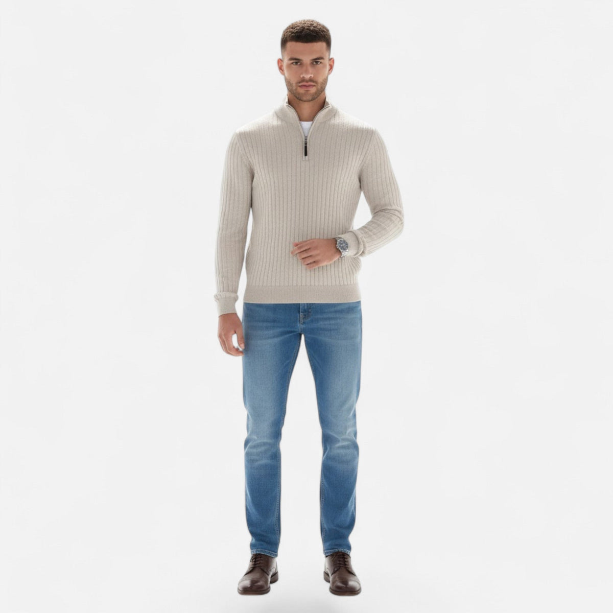Suéter de punto para hombre con media cremallera y rayas verticales - Pulóver clásico para otoño, invierno, el día a día y un estilo smart casual