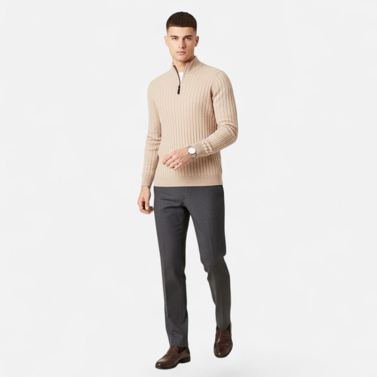 Suéter de punto para hombre con media cremallera y rayas verticales - Pulóver clásico para otoño, invierno, el día a día y un estilo smart casual