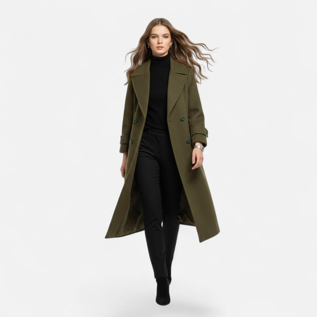 Abrigo para mujer de corte entallado, mezcla de cachemira y cierre de doble botonadura - Prenda de abrigo elegante para otoño, invierno, la oficina y el día a día