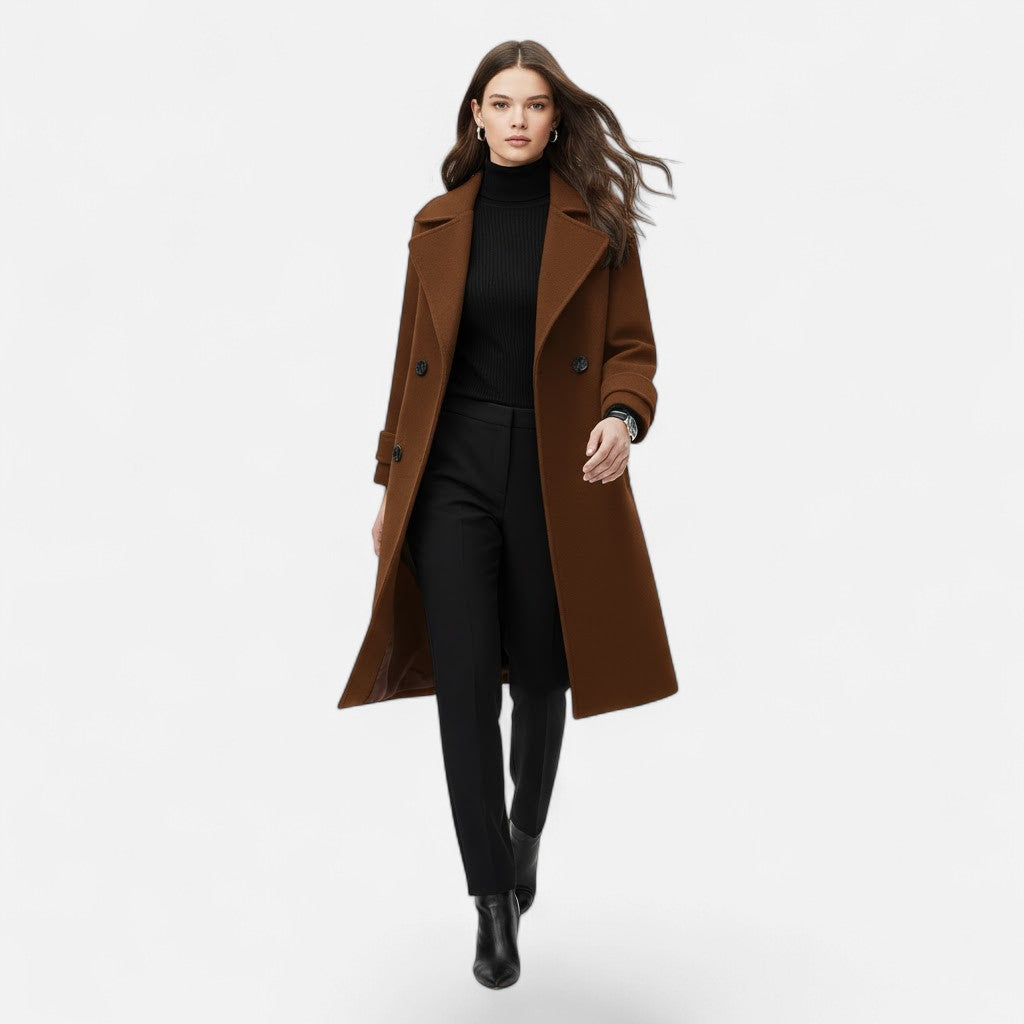 Abrigo para mujer de corte entallado, mezcla de cachemira y cierre de doble botonadura - Prenda de abrigo elegante para otoño, invierno, la oficina y el día a día