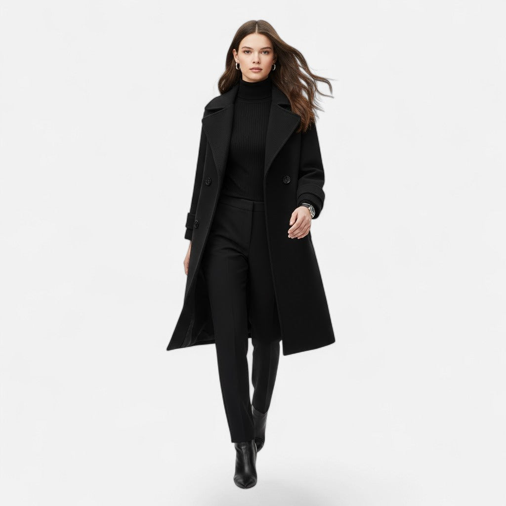 Abrigo para mujer de corte entallado, mezcla de cachemira y cierre de doble botonadura - Prenda de abrigo elegante para otoño, invierno, la oficina y el día a día