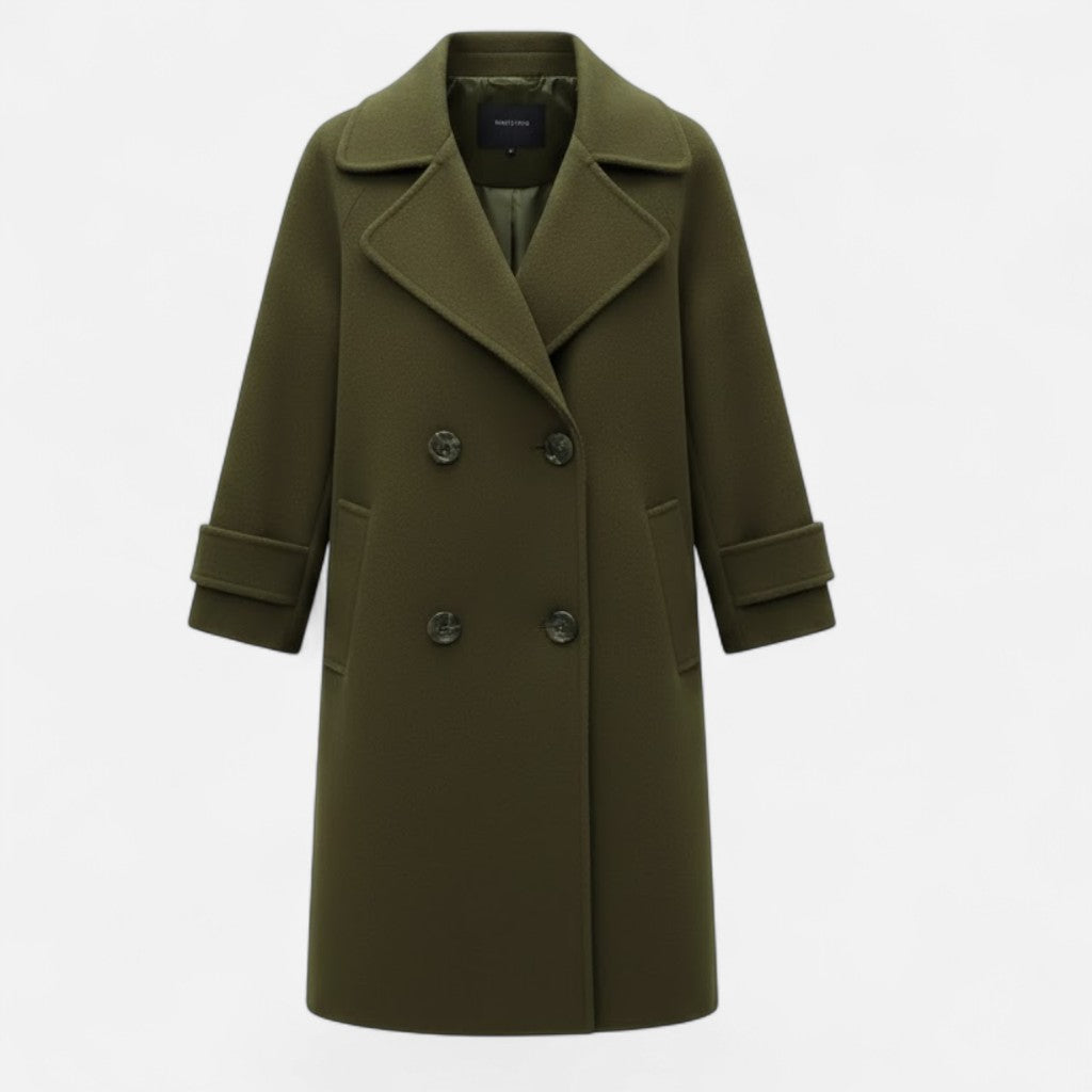 Abrigo para mujer de corte entallado, mezcla de cachemira y cierre de doble botonadura - Prenda de abrigo elegante para otoño, invierno, la oficina y el día a día