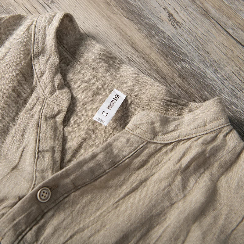 Pánská praná košile Henley se stojáčkem a krátkými rukávy – ležérní košile na léto, volný čas, každý den a elegantně ležérní styl