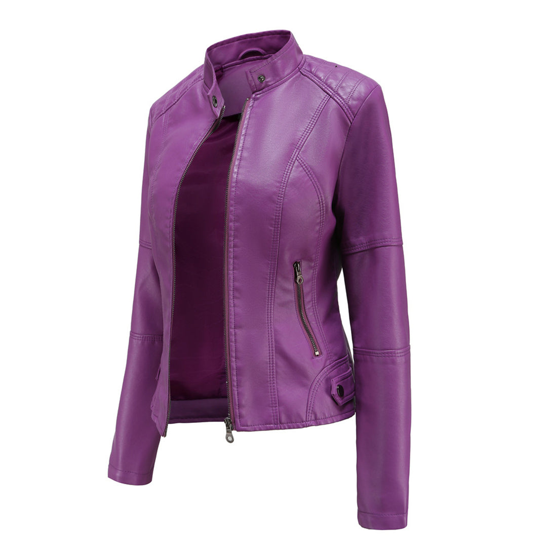 Geacă biker de damă din piele ecologică, cu design cambrat și închidere cu fermoar – Geacă elegantă pentru toamnă, oraș, timp liber și stil smart casual