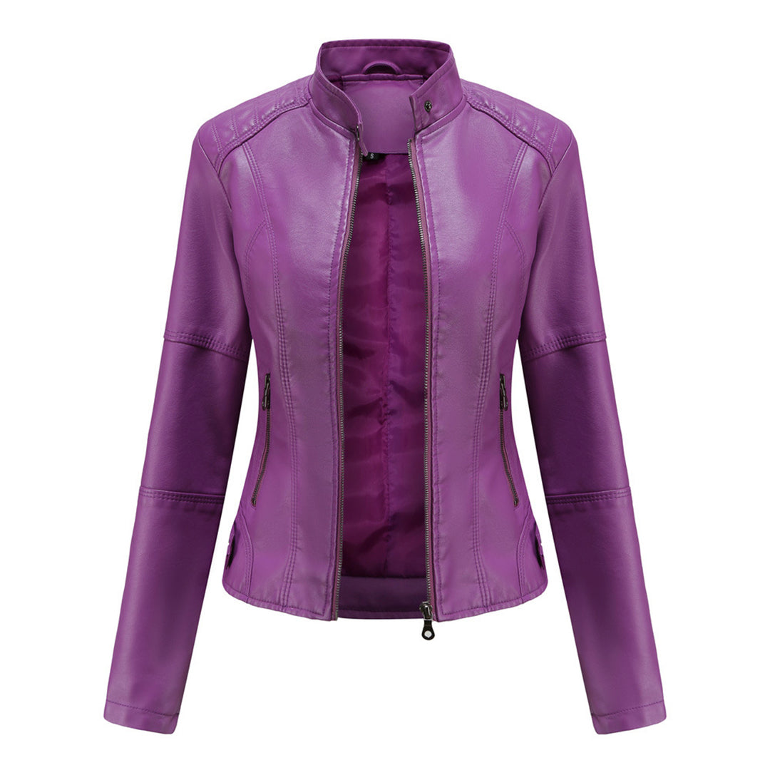 Geacă biker de damă din piele ecologică, cu design cambrat și închidere cu fermoar – Geacă elegantă pentru toamnă, oraș, timp liber și stil smart casual