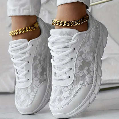 Dame Platform-sneakers I Mesh Med Blomstermønster – Komfortable Snøresko Med Polstret Sål Til Gåture Og Afslappet Hverdagsbrug
