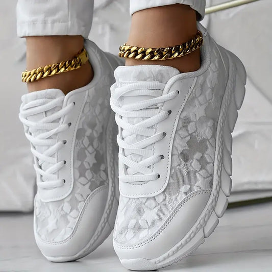 Dame Platform-sneakers I Mesh Med Blomstermønster – Komfortable Snøresko Med Polstret Sål Til Gåture Og Afslappet Hverdagsbrug