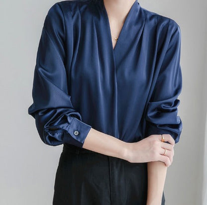Dame Satin Slå-om-bluse Med Draperede Lange Ærmer