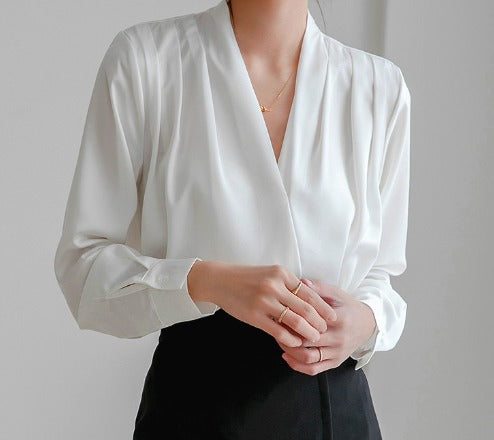 Dame Satin Slå-om-bluse Med Draperede Lange Ærmer
