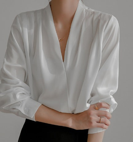 Dame Satin Slå-om-bluse Med Draperede Lange Ærmer