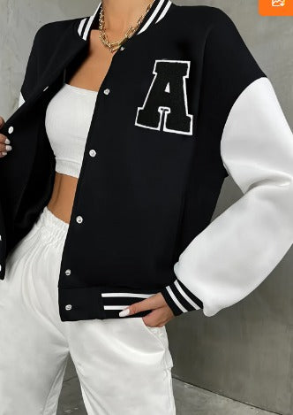 Women's varsity bomber jacket with contrast sleeves and snap buttons - sporty college jacket for streetwear and casual everyday wear