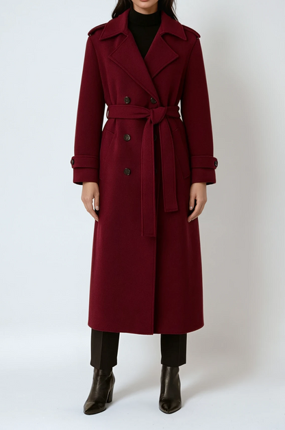 Women’s Long Double-Breasted Winter Coat in a Wool Blend with a Belt – Elegant Tailored Coat for Cold Days and Stylish Everyday Wear