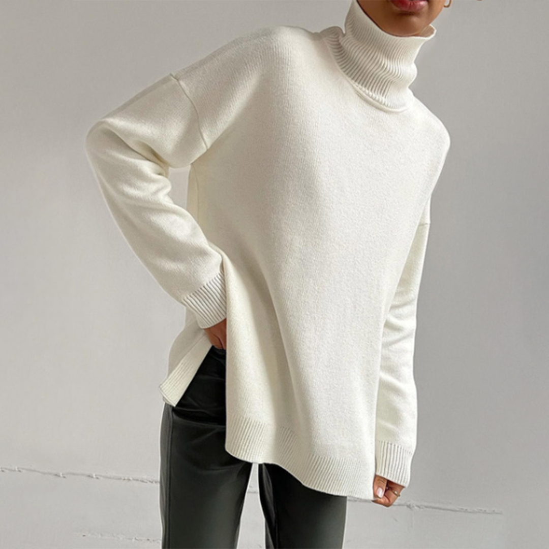 Women's Turtleneck Sweater with a Loose Fit and Side Slits – Comfortable Knit Top for Autumn, Winter, Everyday Wear and Smart Casual Style