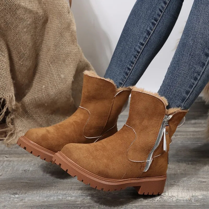 Botines de invierno para mujer con cuello de pelo sintético y efecto ante - Cremallera y suela gruesa para los días fríos