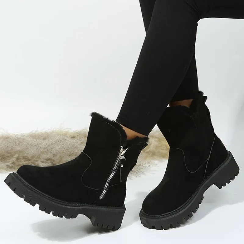 Botines de invierno para mujer con cuello de pelo sintético y efecto ante - Cremallera y suela gruesa para los días fríos