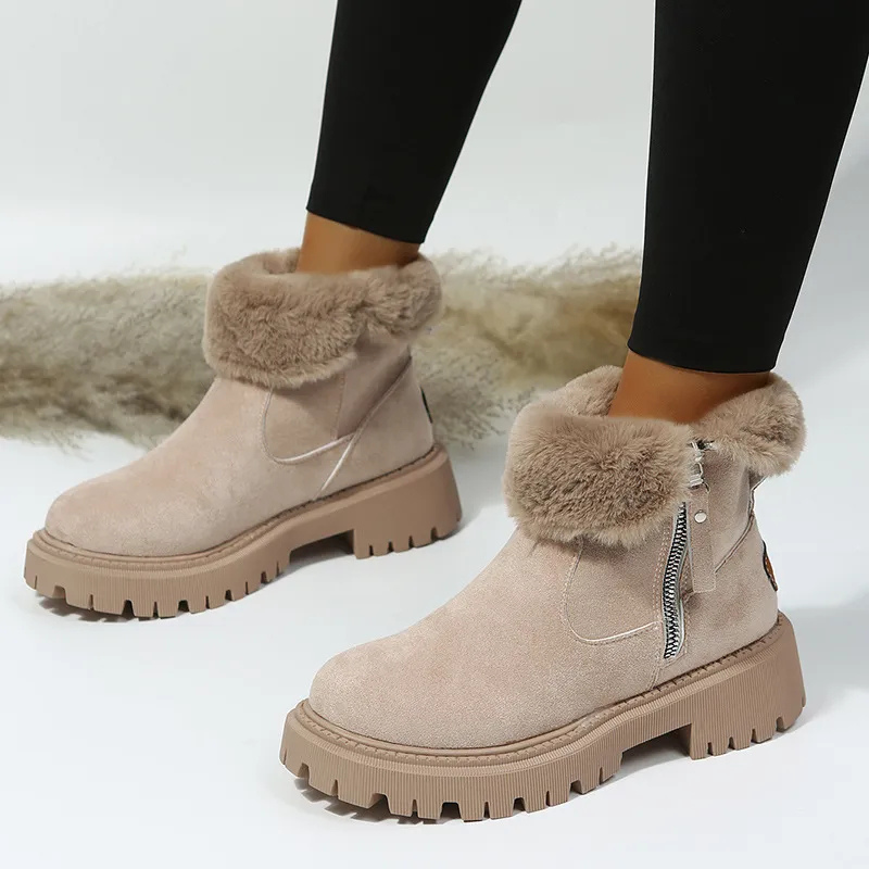 Botines de invierno para mujer con cuello de pelo sintético y efecto ante - Cremallera y suela gruesa para los días fríos