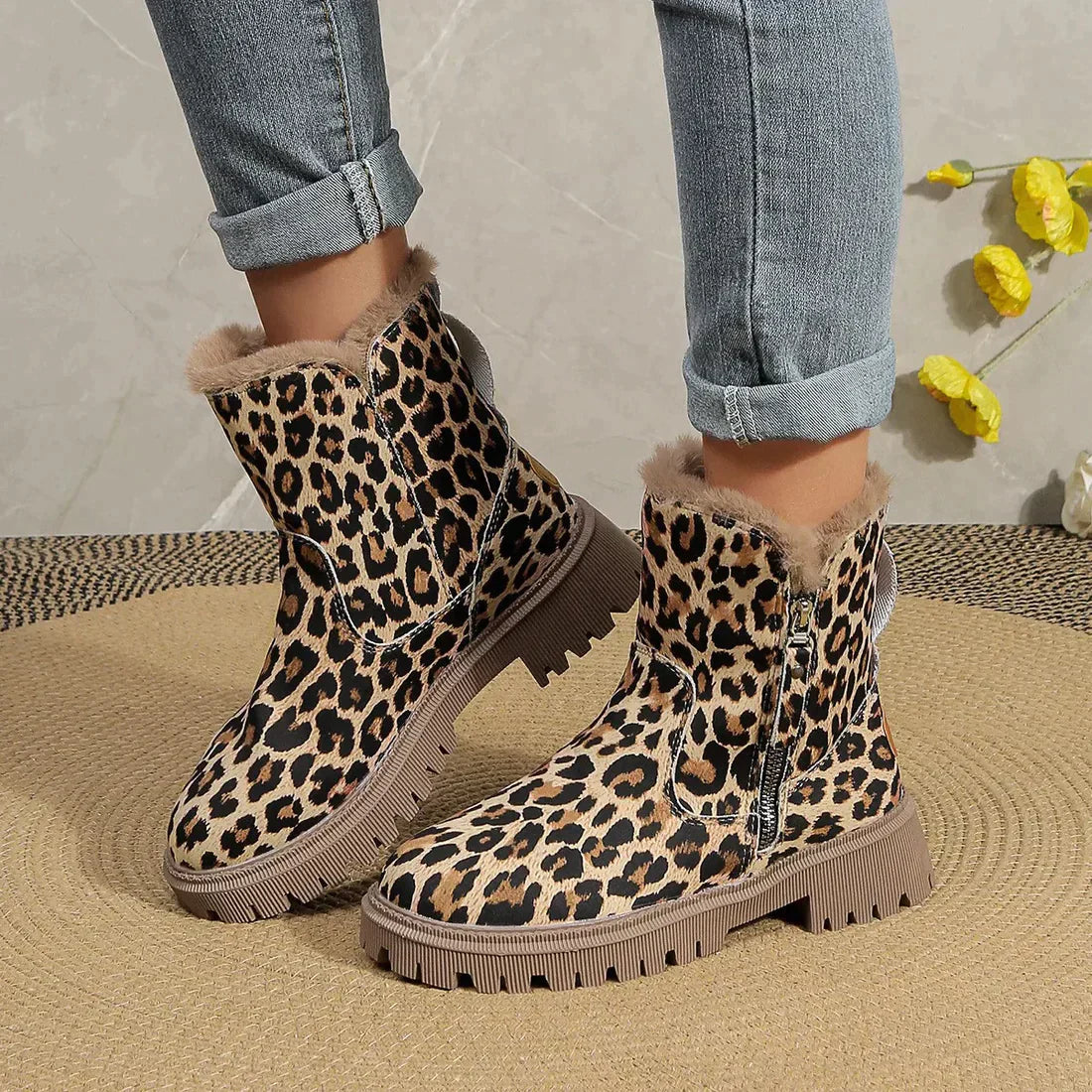 Dámské zimní kotníkové boty s leopardím vzorem a měkkým límcem – boty na zip s robustní podrážkou do chladných dnů