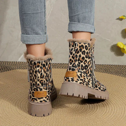 Dámské zimní kotníkové boty s leopardím vzorem a měkkým límcem – boty na zip s robustní podrážkou do chladných dnů