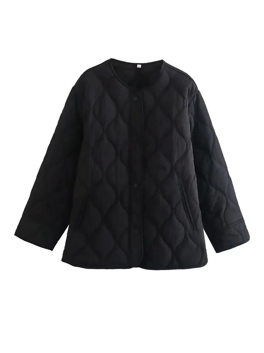 Women's Wave-Quilted Collarless Jacket with Relaxed Fit – Warm Outerwear for Cold Days, Everyday Wear, and Leisure