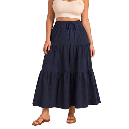 Falda larga bohemia para mujer, con diseño de varias capas, cintura alta elástica y cierre frontal de botones - falda de verano ligera para las vacaciones, el uso diario y un estilo informal