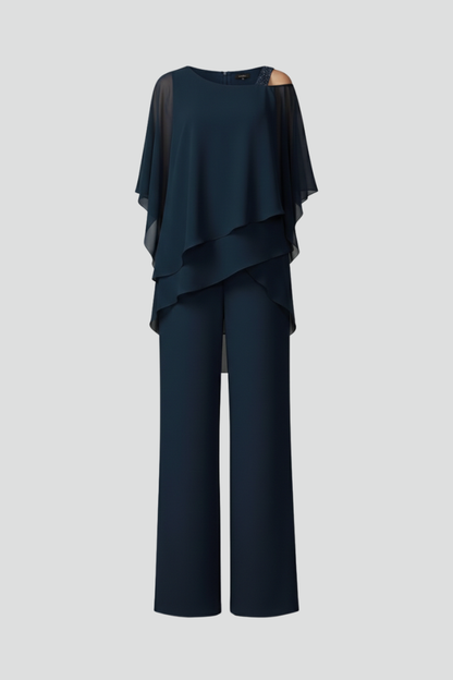 Dame Lagdelt Cape-Jumpsuit – Asymmetrisk Outfit Med Brede Ben Til Aftenarrangementer
