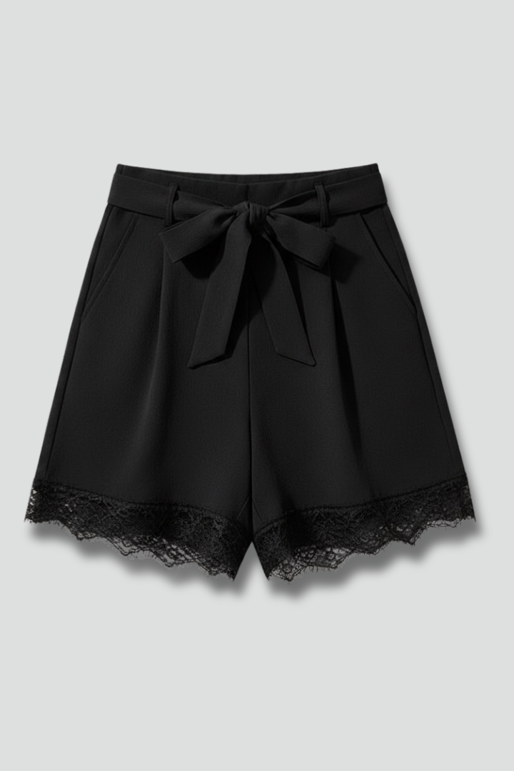 Dame Shorts Med Blondedetaljer, Høj Talje Og Bindebælte – Elegante Sommershorts Til Hverdagsbrug, Ferie Og Smart Casual Stil