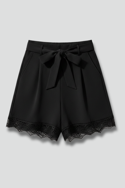 Dame Shorts Med Blondedetaljer, Høj Talje Og Bindebælte – Elegante Sommershorts Til Hverdagsbrug, Ferie Og Smart Casual Stil