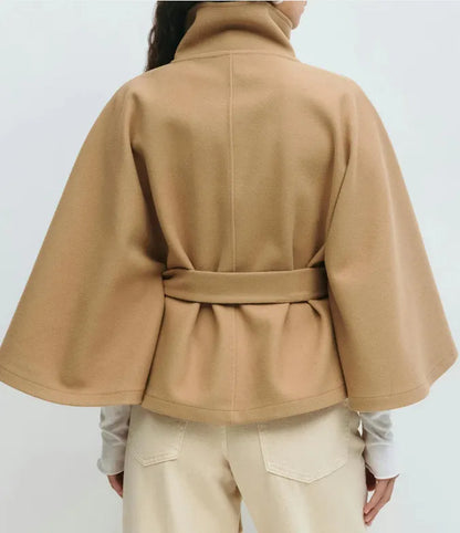 Women's Cape Coat with a Stand Collar – Outerwear with a Tie Belt for Spring Transitional Days