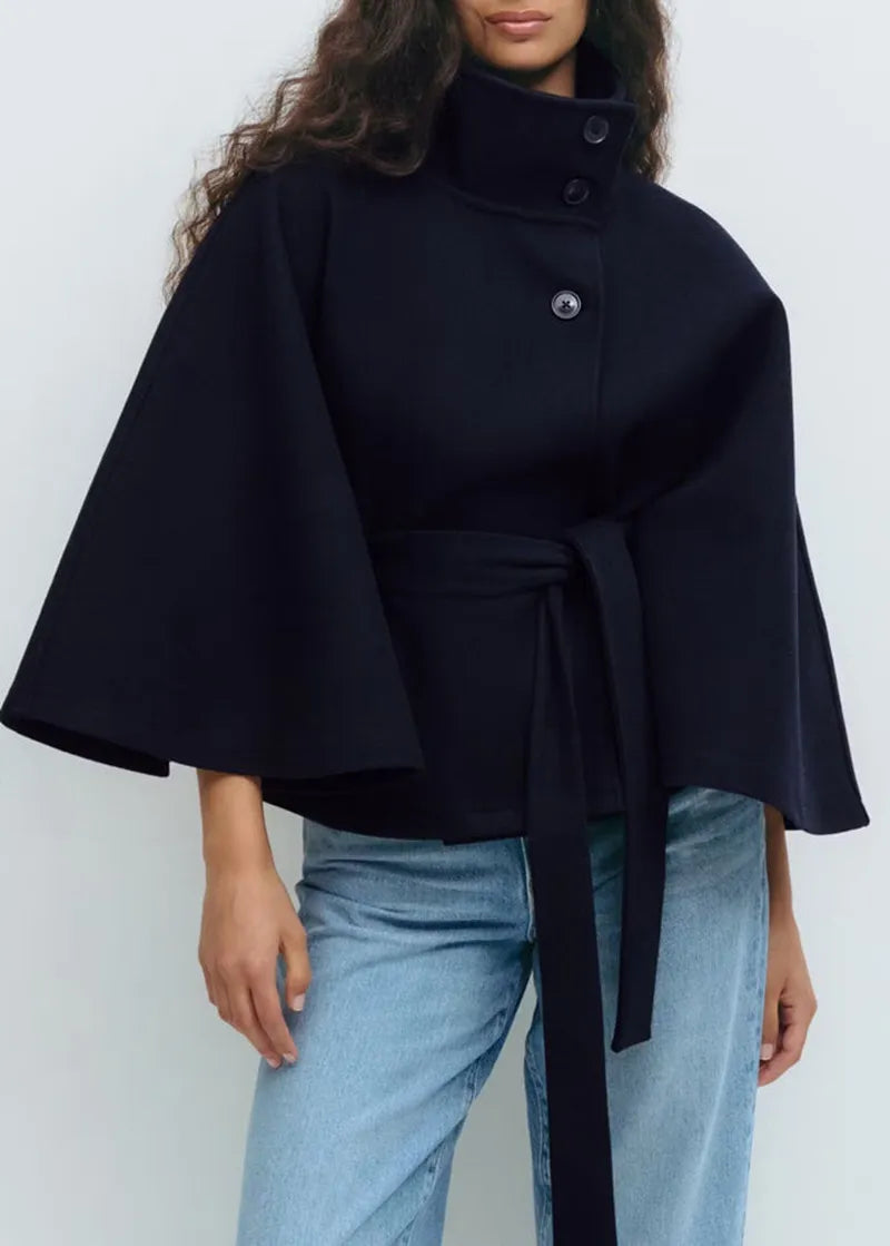 Women's Cape Coat with a Stand Collar – Outerwear with a Tie Belt for Spring Transitional Days