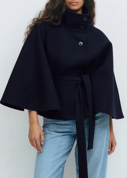 Women's Cape Coat with a Stand Collar – Outerwear with a Tie Belt for Spring Transitional Days