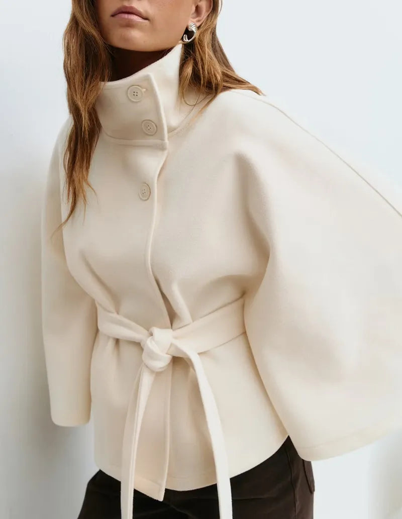 Women's Cape Coat with a Stand Collar – Outerwear with a Tie Belt for Spring Transitional Days
