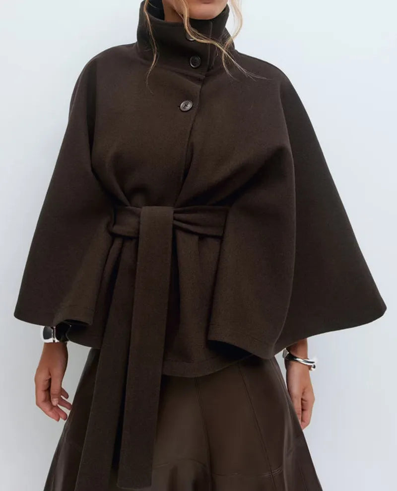 Women's Cape Coat with a Stand Collar – Outerwear with a Tie Belt for Spring Transitional Days