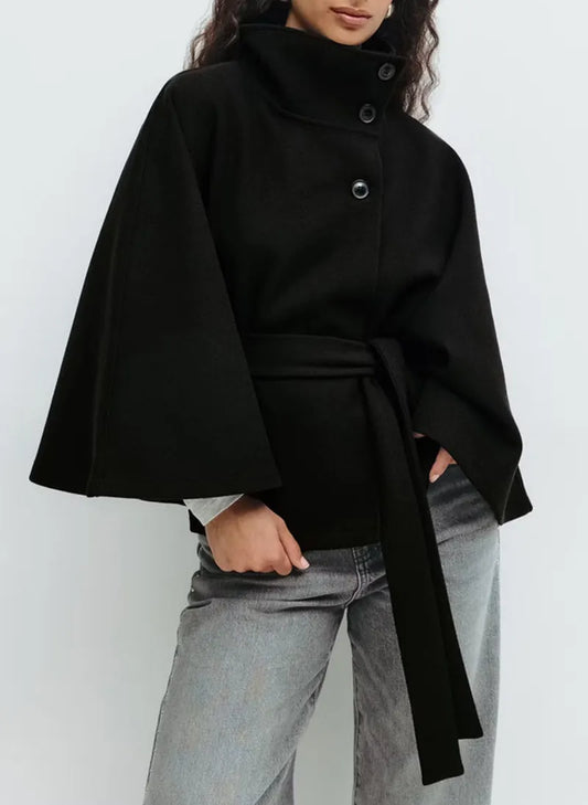 Women's Cape Coat with a Stand Collar – Outerwear with a Tie Belt for Spring Transitional Days