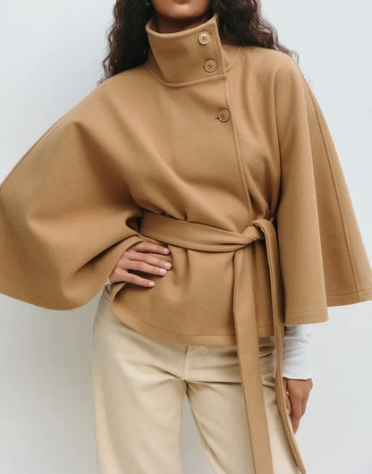 Women's Cape Coat with a Stand Collar – Outerwear with a Tie Belt for Spring Transitional Days