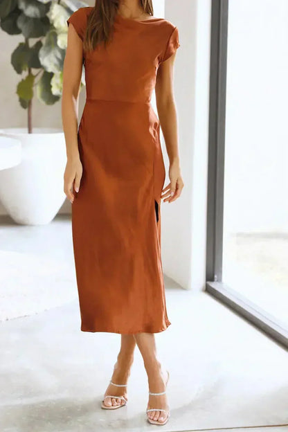 Women’s Minimalist Midi Dress with Short Sleeves – Elegant Summer Dress for Evening Wear, Dinner, Vacation, and Special Occasions