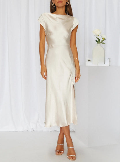 Women’s Minimalist Midi Dress with Short Sleeves – Elegant Summer Dress for Evening Wear, Dinner, Vacation, and Special Occasions