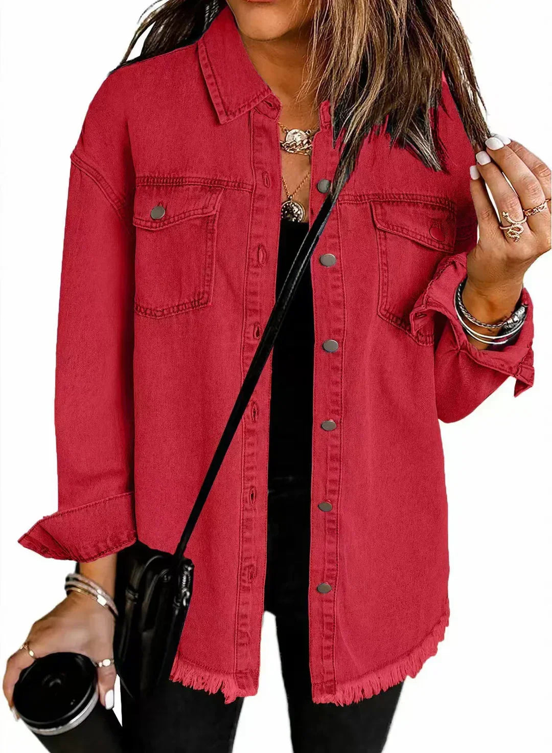 Women's oversized denim jacket with button closure and chest pockets - long style with raw hem for casual everyday wear and modern streetwear