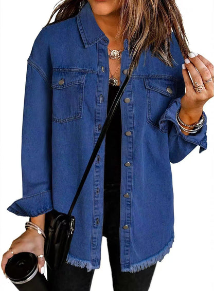 Women's oversized denim jacket with button closure and chest pockets - long style with raw hem for casual everyday wear and modern streetwear