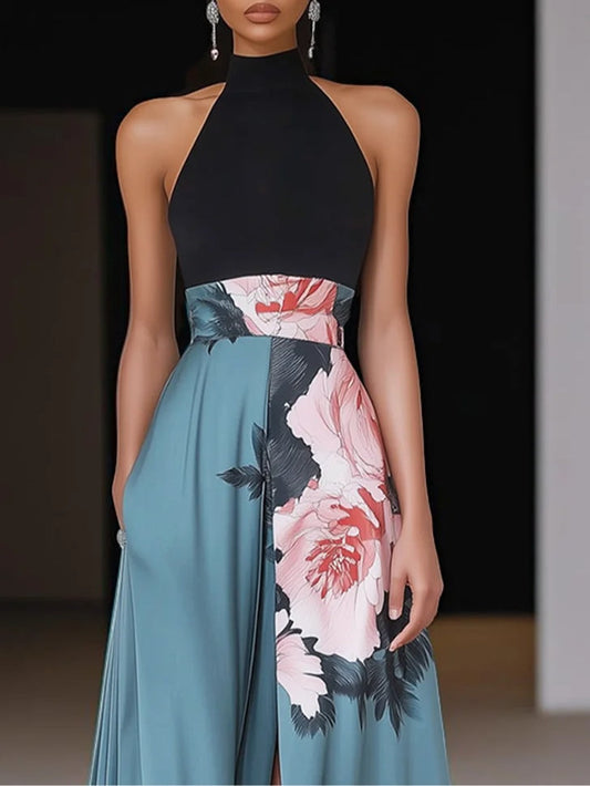 Women's Halterneck Maxi Dress – Printed A-Line Evening Dress with Front Slit
