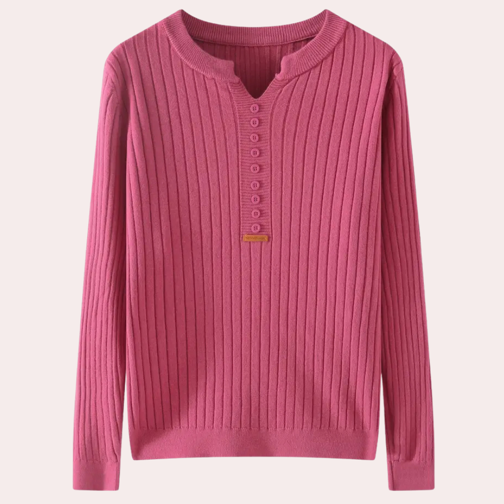 Dame Ribbet Langærmet Striksweater Med Knapudskæring