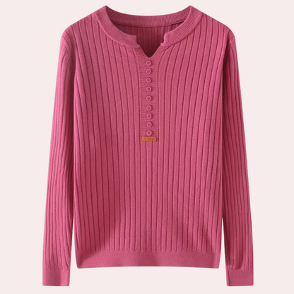 Dame Ribbet Langærmet Striksweater Med Knapudskæring