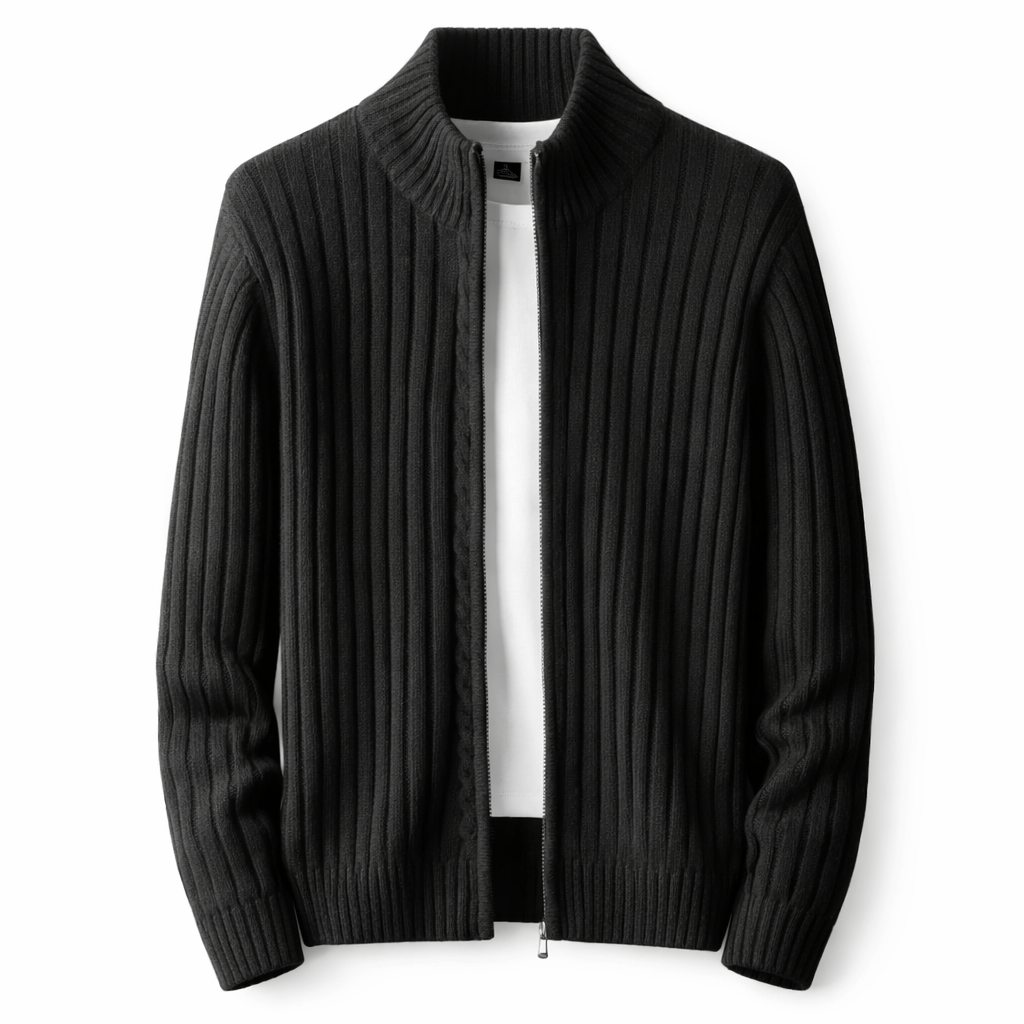 Męski prążkowany kardigan zapinany na zamek ze stójką – klasyczna dzianinowa kurtka na jesień, zimę, co dzień i w stylu smart casual